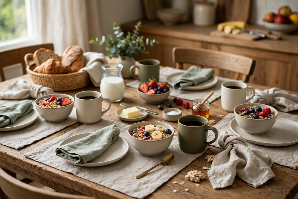 Breakfast table with small plates, bowls, mugs, and folded napkins.