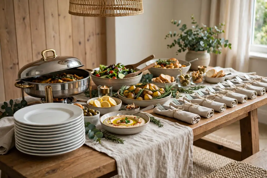 Buffet table with plates at one end, serving dishes in the middle, and rolled cutlery in napkins.