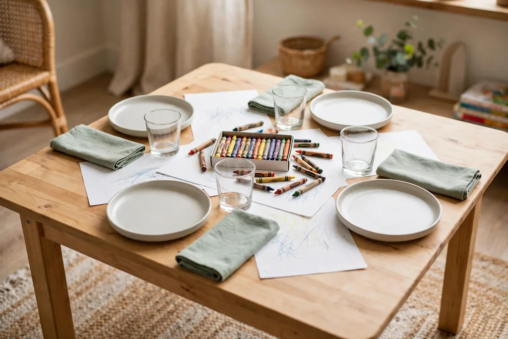 Kids table with sturdy plates, short glasses, and crayons at the center.