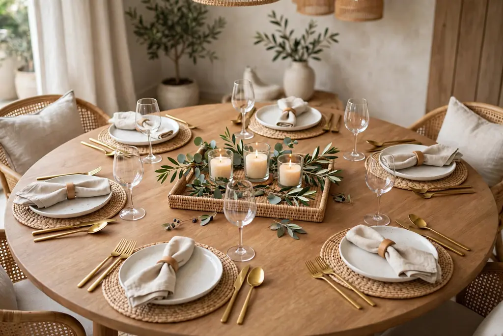 Round dining table with a low candle centerpiece and evenly spaced matching places.