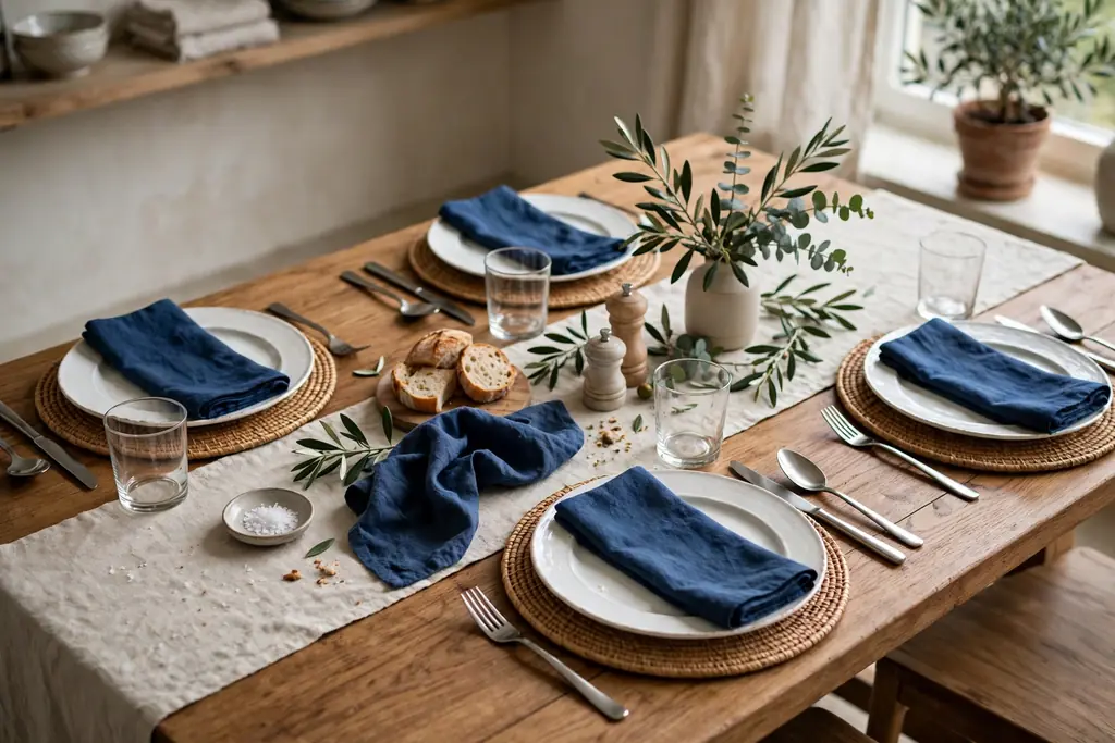 Dining table with white plates and deep blue napkins at each place.