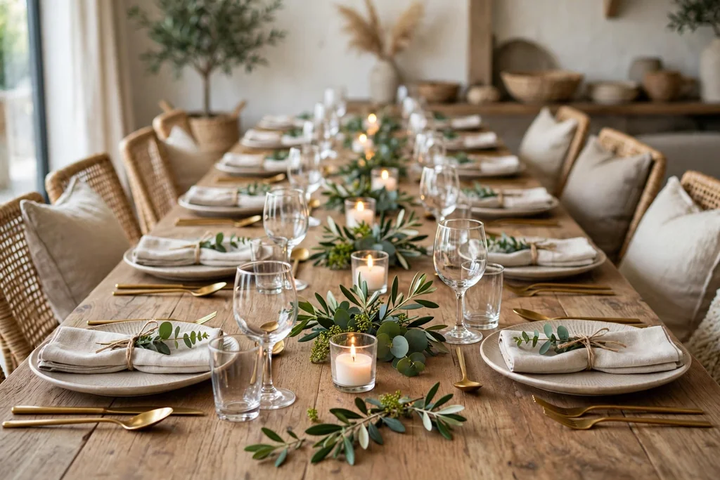 Long banquet table with repeated places and small candle and sprig groups along the center.