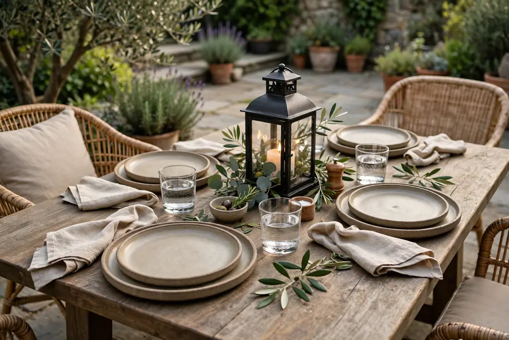 Outdoor patio table with sturdy plates, short glasses, and a lantern centerpiece.