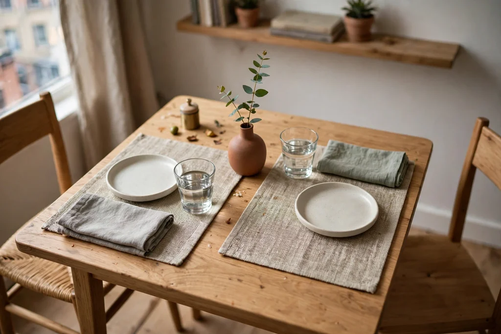 Small apartment table with one placemat per place, compact plates, and a single small vase.