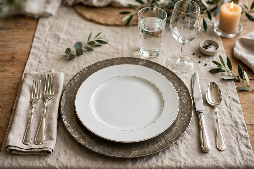 Formal place setting with a charger, ordered cutlery, and water and wine glasses.