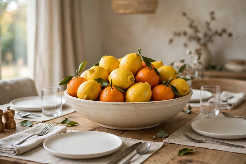 Wide shallow bowl of lemons and oranges as a centerpiece on a dining table.