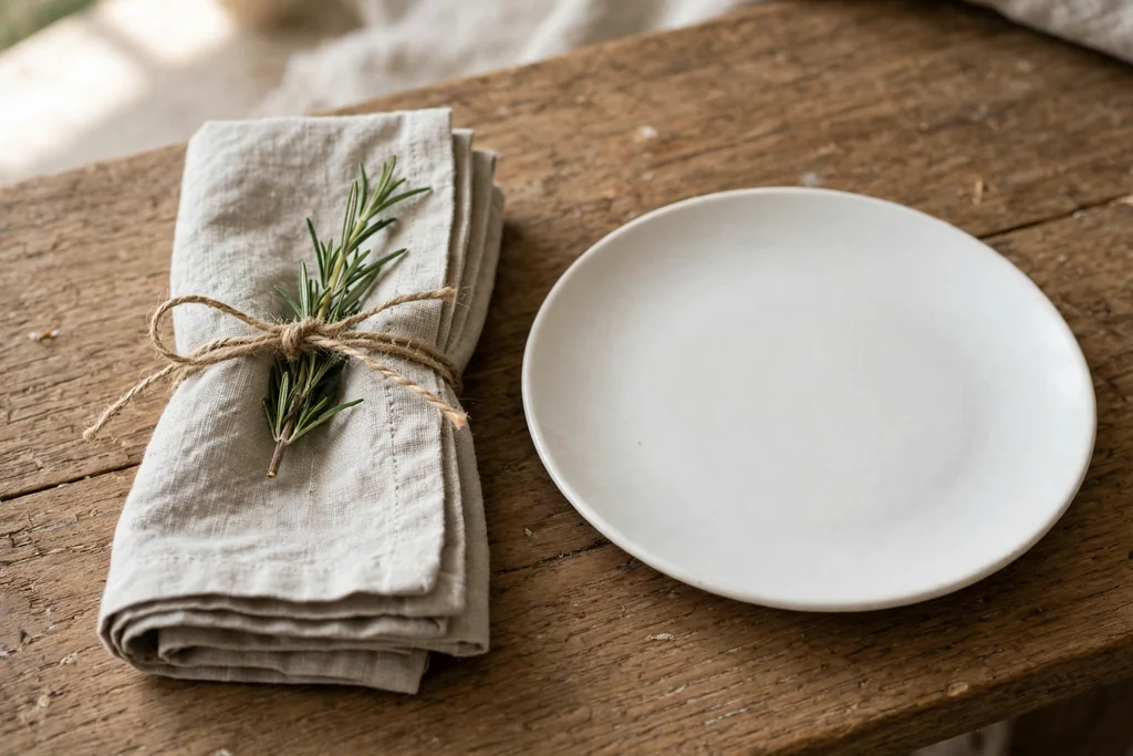 Folded napkin with a twine ring and a short rosemary sprig beside a plate.
