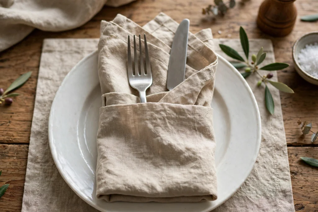 Cloth napkin folded into a pocket holding a fork and knife on a plate.