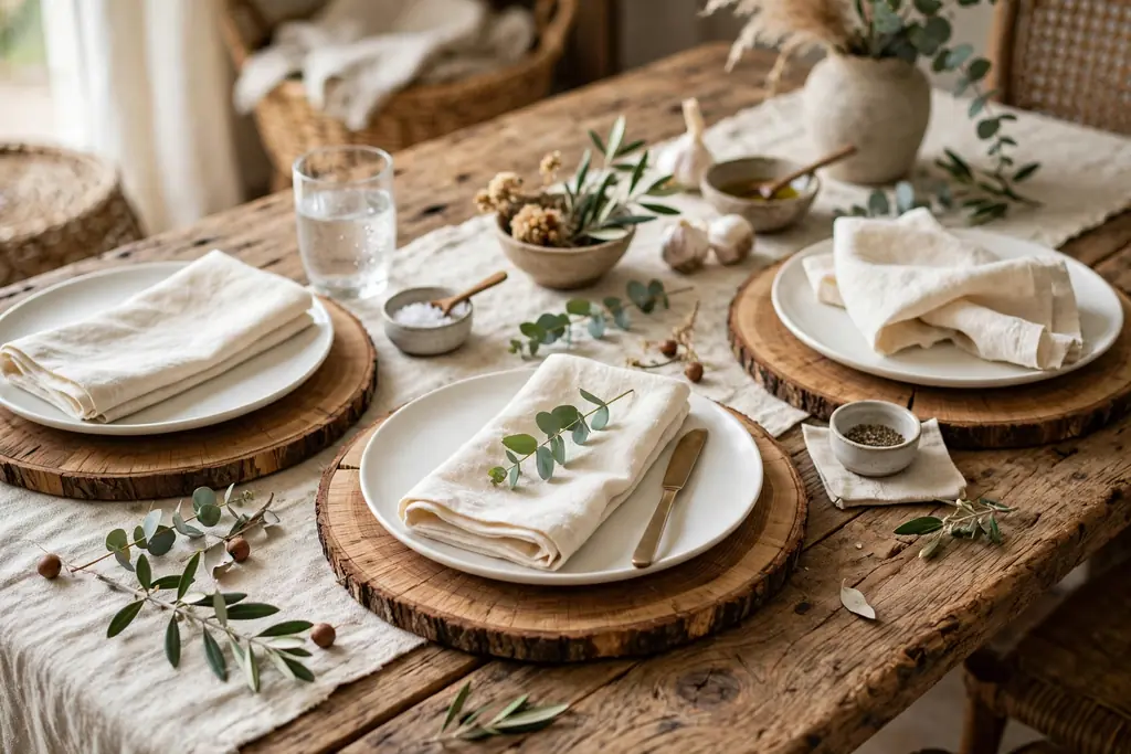 Rustic table with round wood chargers under white plates and cream napkins.