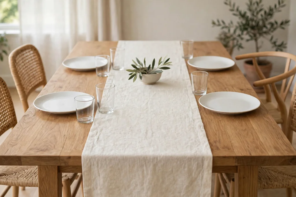 Dining table with a cream linen runner, plain plates, and simple glasses.