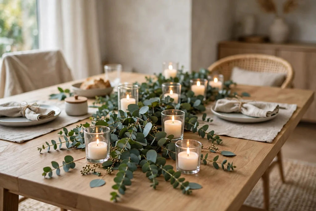 Dining table with a low eucalyptus runner and short candles in holders.