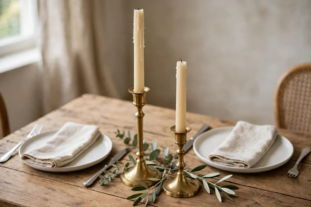 Dining table center with brass candlesticks holding cream taper candles.