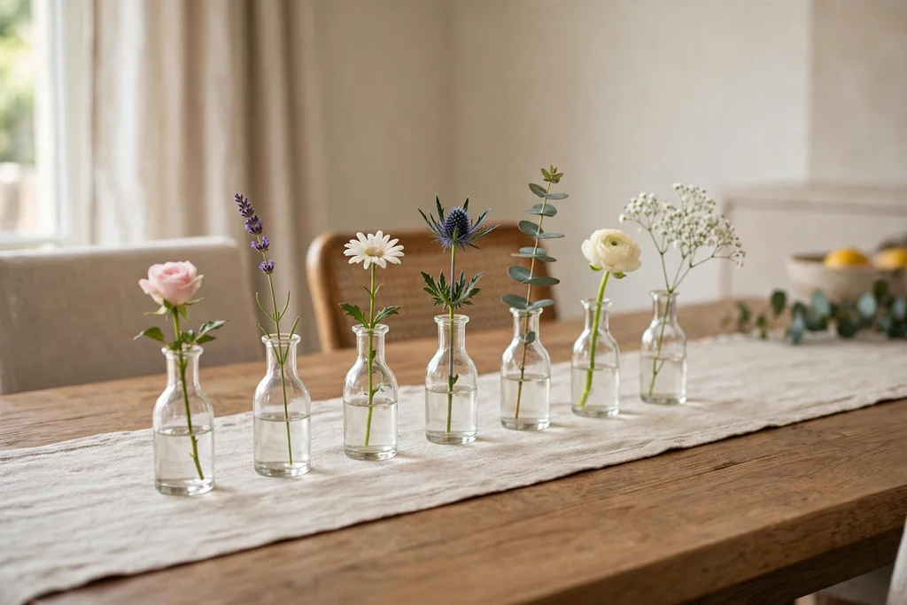Row of small bud vases with single stems down the center of a dining table.