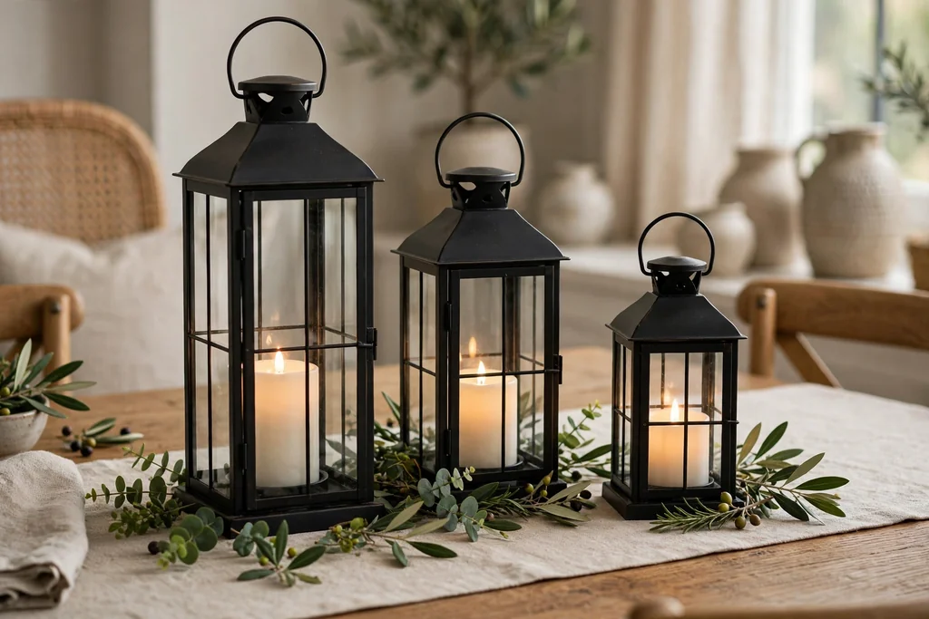 Dining table center with lanterns of different heights holding battery candles.
