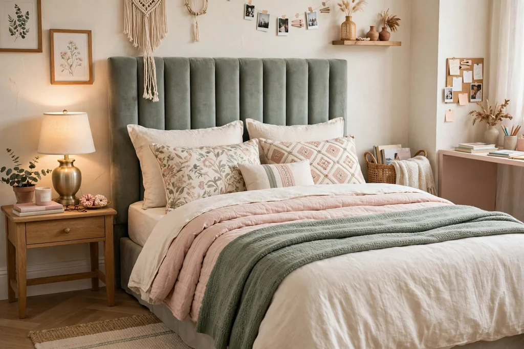 Teen bedroom bed with layered cream, blush and sage bedding, a tall upholstered headboard, and patterned cushions.