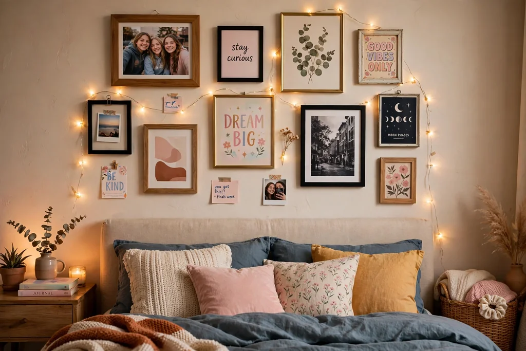 Gallery wall of framed art prints and photos in mixed frames above a bed in a teen bedroom.