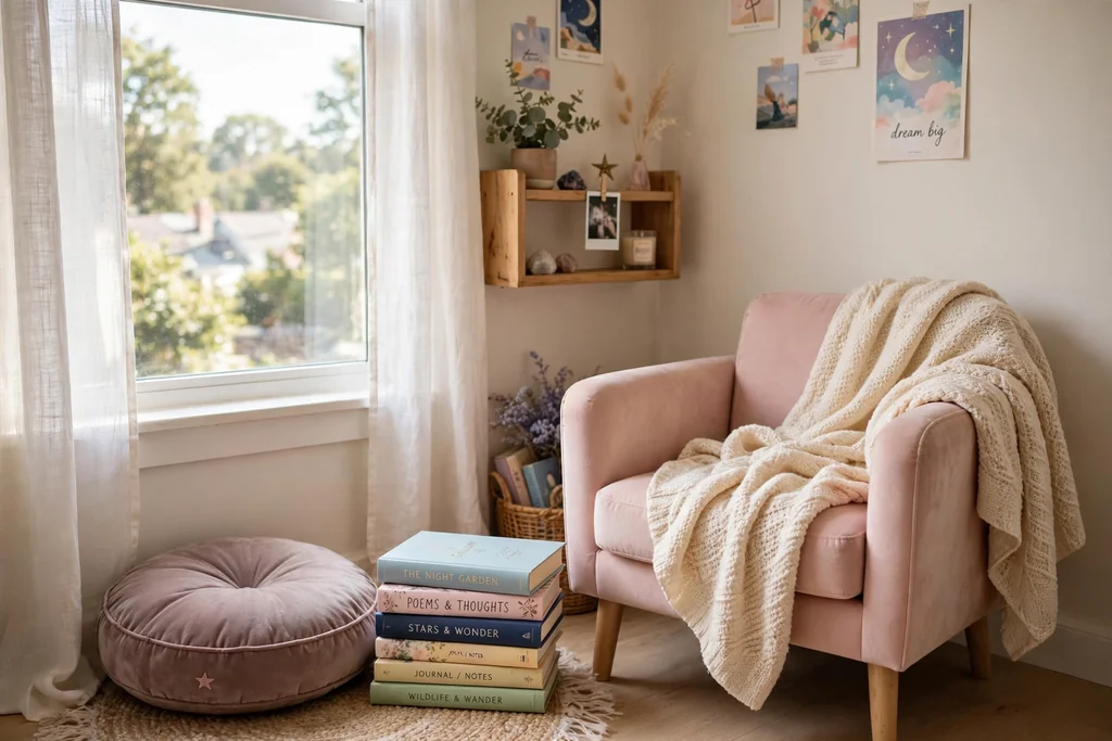 Cozy reading corner in a teen bedroom with a floor cushion, armchair, books, and a blanket by a window.