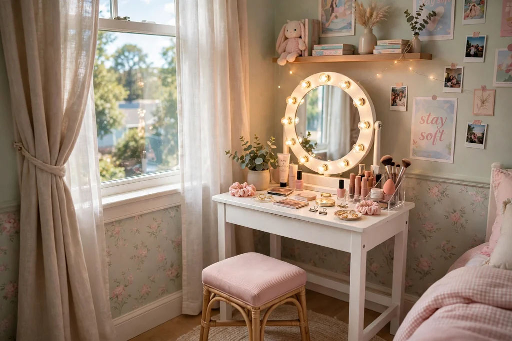 Small vanity desk in a teen bedroom with a round mirror, warm lights, organizers, and a stool by a window.