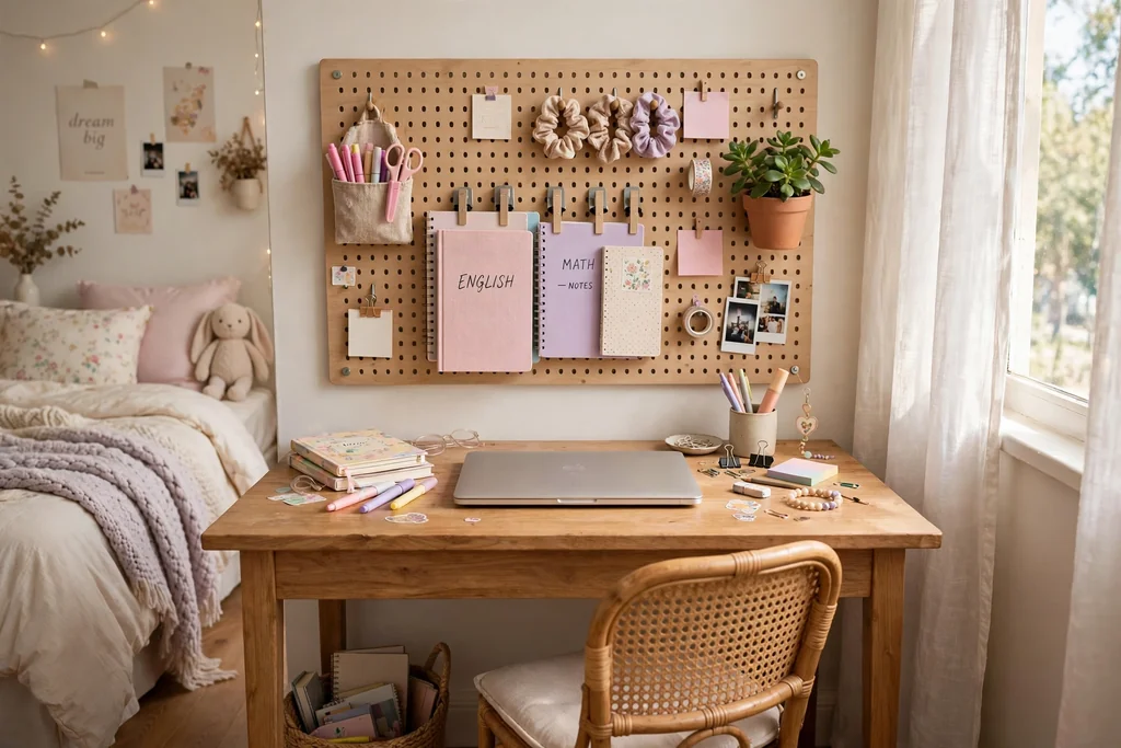 Teen bedroom study desk with a pegboard wall organizer holding supplies, notebooks, and a small plant.
