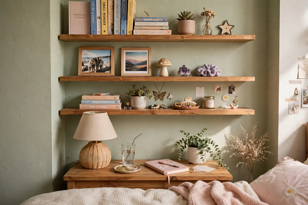 Open wooden shelves in a teen bedroom displaying books, small plants, framed photos, and collectibles.