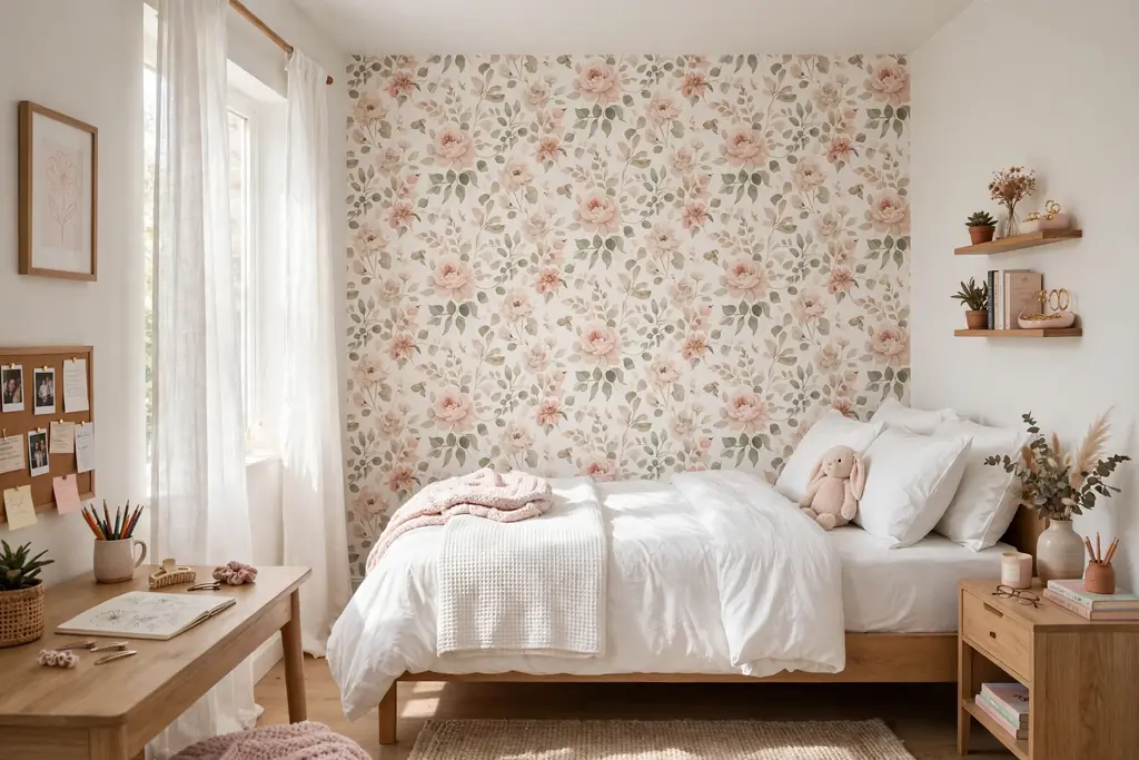 Teen bedroom accent wall with removable floral wallpaper behind a bed with white bedding.