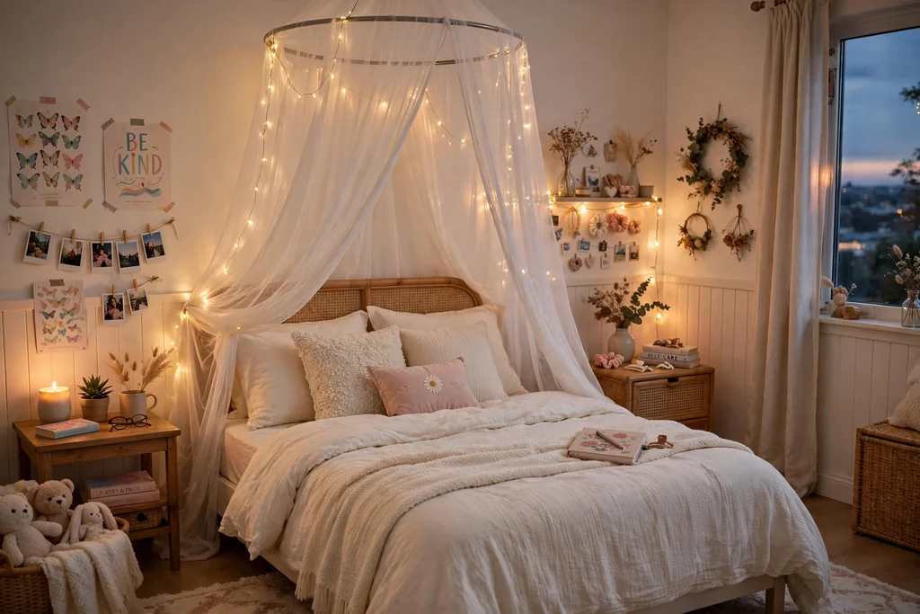 Teen bedroom bed with a sheer white canopy draped from a ceiling hoop and soft fairy lights.