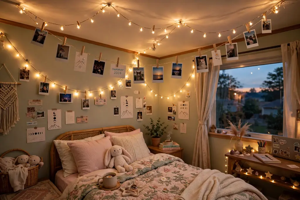 Teen bedroom wall with warm string lights and small photos clipped to the lights above a bed.