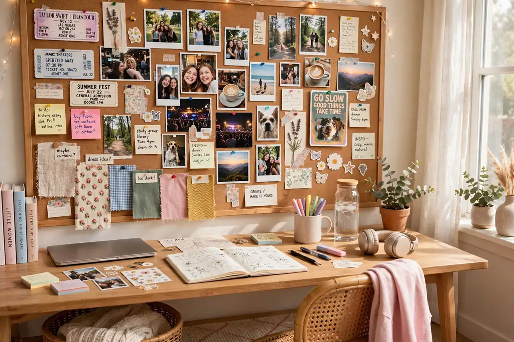 Large cork pinboard in a teen bedroom covered with photos, notes, and fabric swatches above a desk.