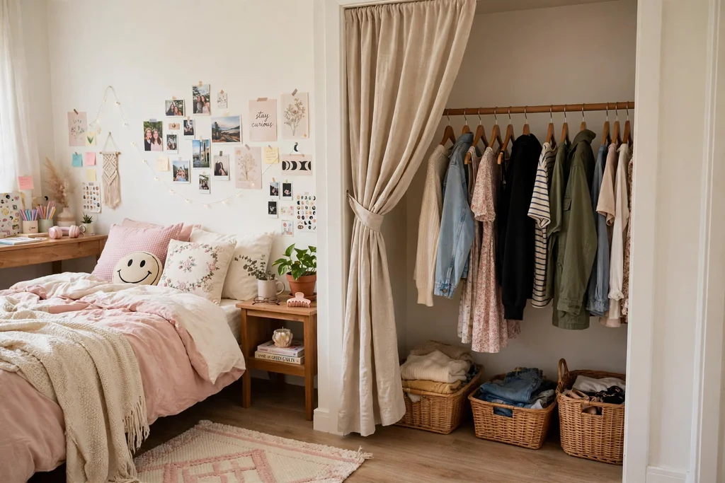 Open wardrobe nook in a teen bedroom with clothes on a rail, baskets below, and a linen curtain pulled aside.