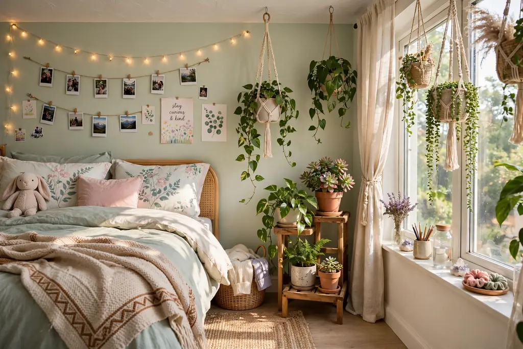 Teen bedroom corner with hanging planters, a plant stand, and potted plants beside a window.