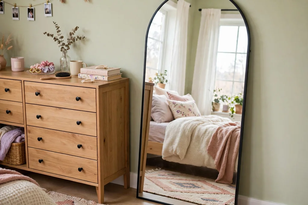 Teen bedroom with a tall arched full length mirror leaning against a wall beside a dresser, reflecting a bright window.