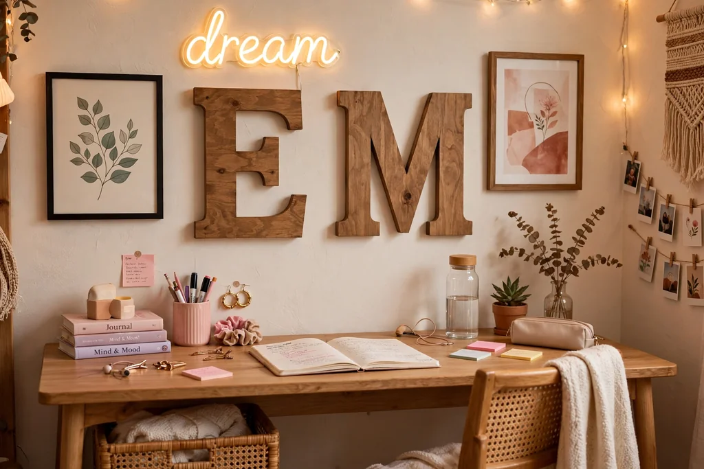 Teen bedroom wall with large wooden initial letters and a small word sign above a desk.