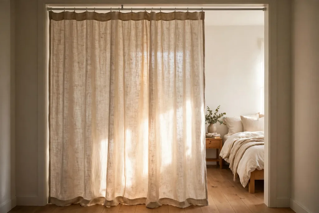 Bedroom doorway covered by a natural linen curtain on a tension rod.