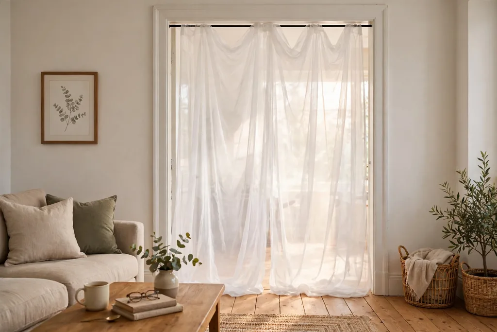 Doorway covered by a sheer white voile panel with soft daylight glowing through.
