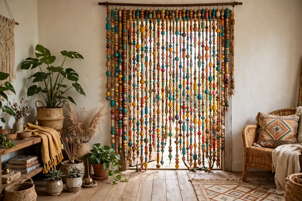 Doorway covered by a wooden beaded curtain in a casual room with plants.