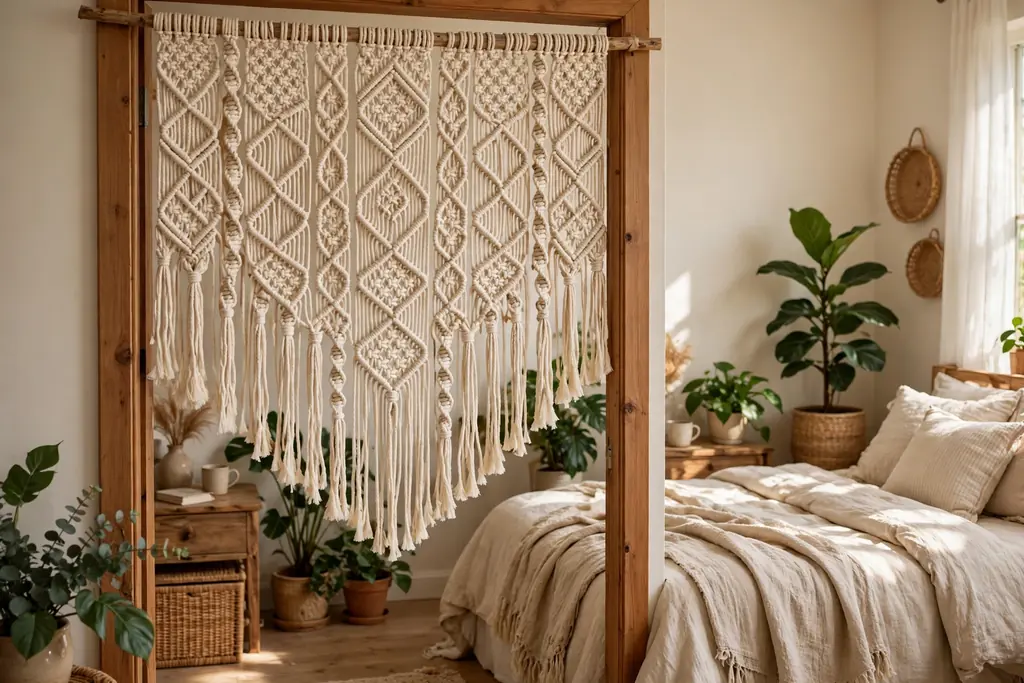 Doorway covered by a cream macrame panel with knotted fringe on a wooden dowel.