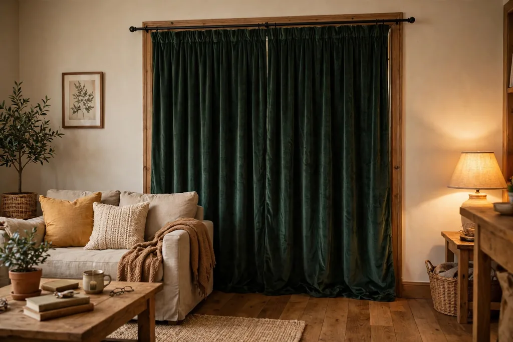 Doorway covered by a heavy dark green velvet curtain in a warm living room.