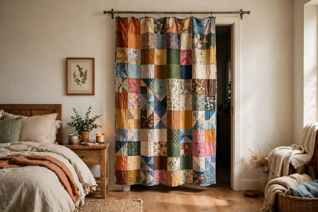 Doorway covered by a colorful patchwork quilt hanging from a curtain rod.