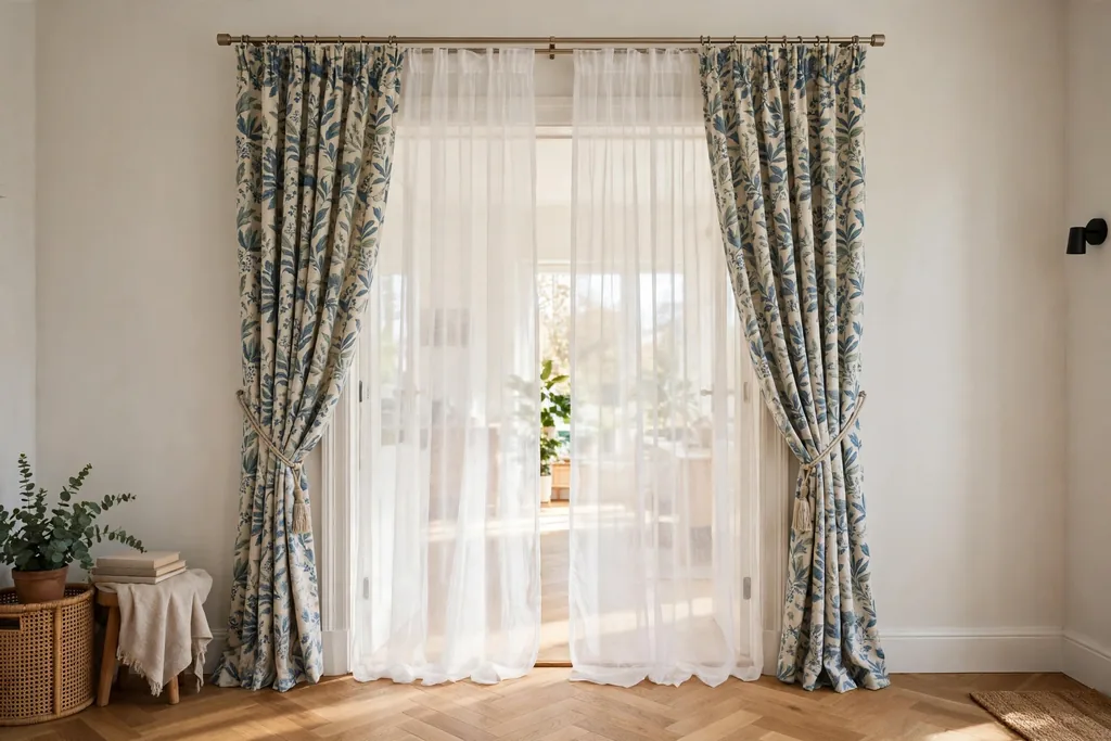 Doorway with a sheer inner panel and a patterned outer curtain on a double tension rod.