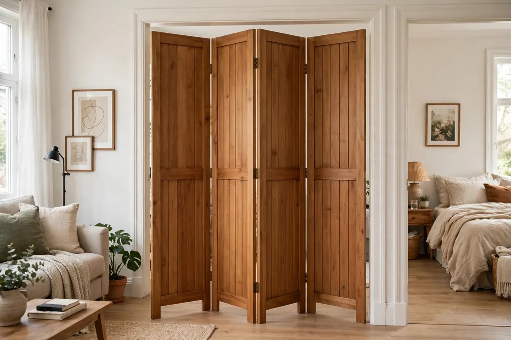 Freestanding three panel folding wood screen standing in a wide doorway.