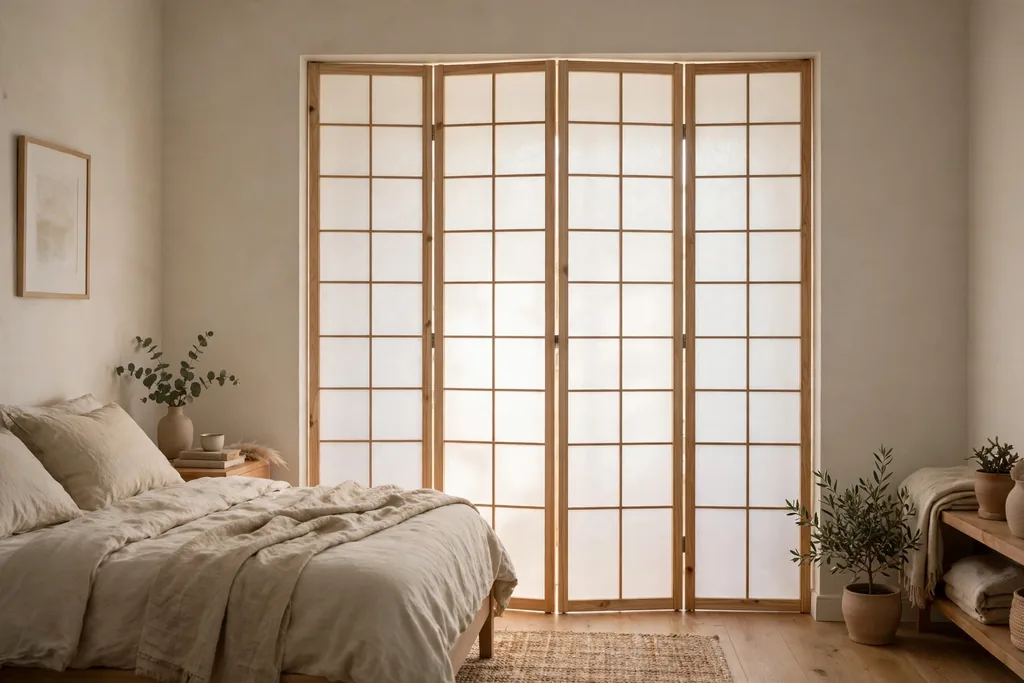 Doorway covered by a shoji style screen with light wood frame and translucent paper panels.