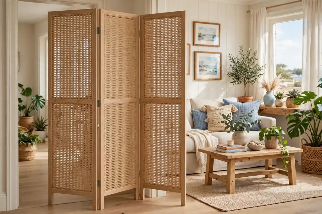 Freestanding folding screen with woven cane rattan panels in a light wood frame.