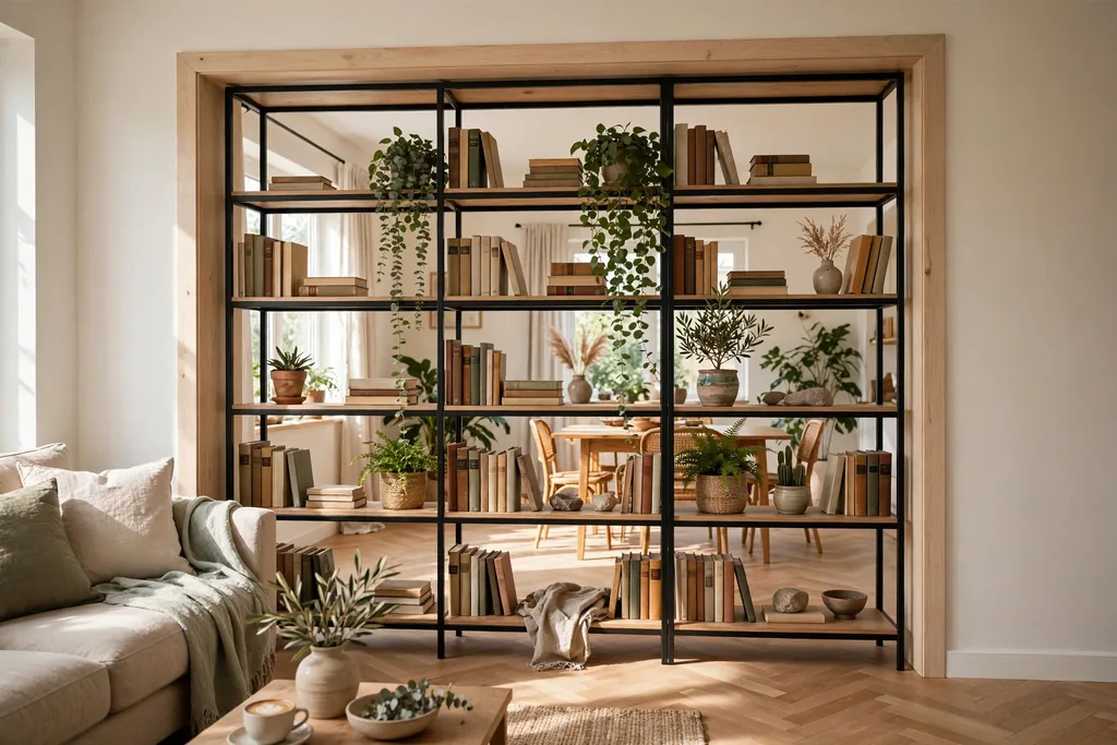 Open bookshelf standing across a wide doorway holding books and plants.