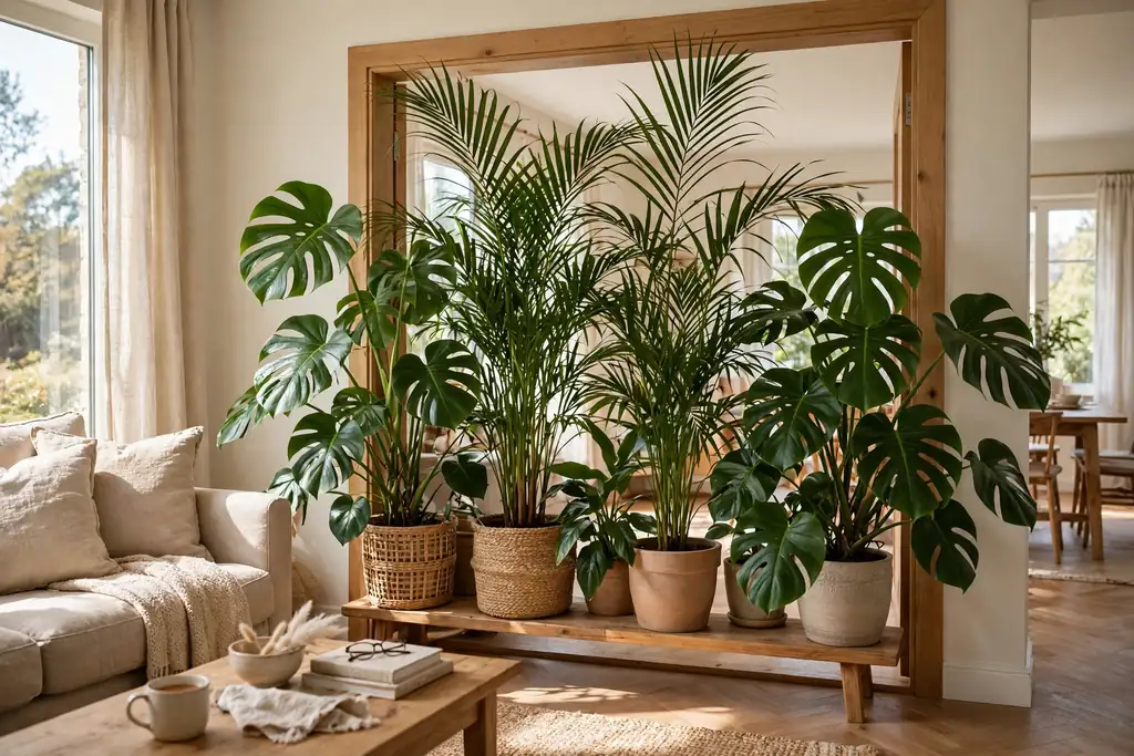 Doorway screened by tall potted plants on a low plant stand.