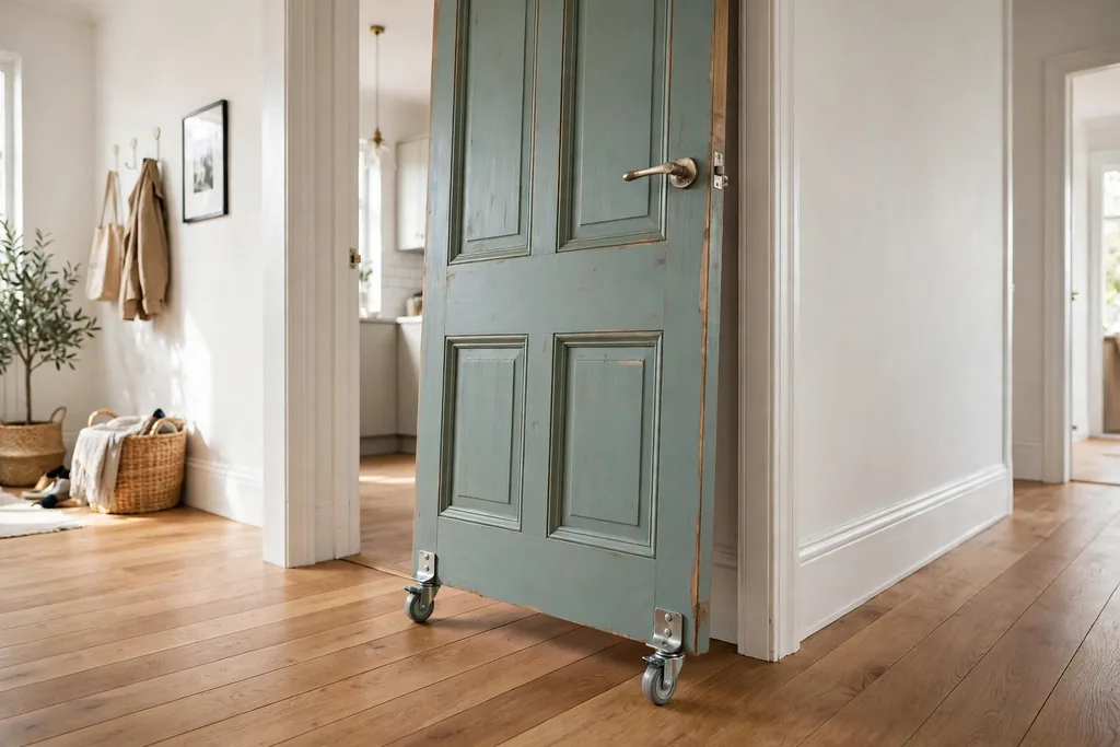 Painted wooden door slab on small caster wheels rolling across a doorway.