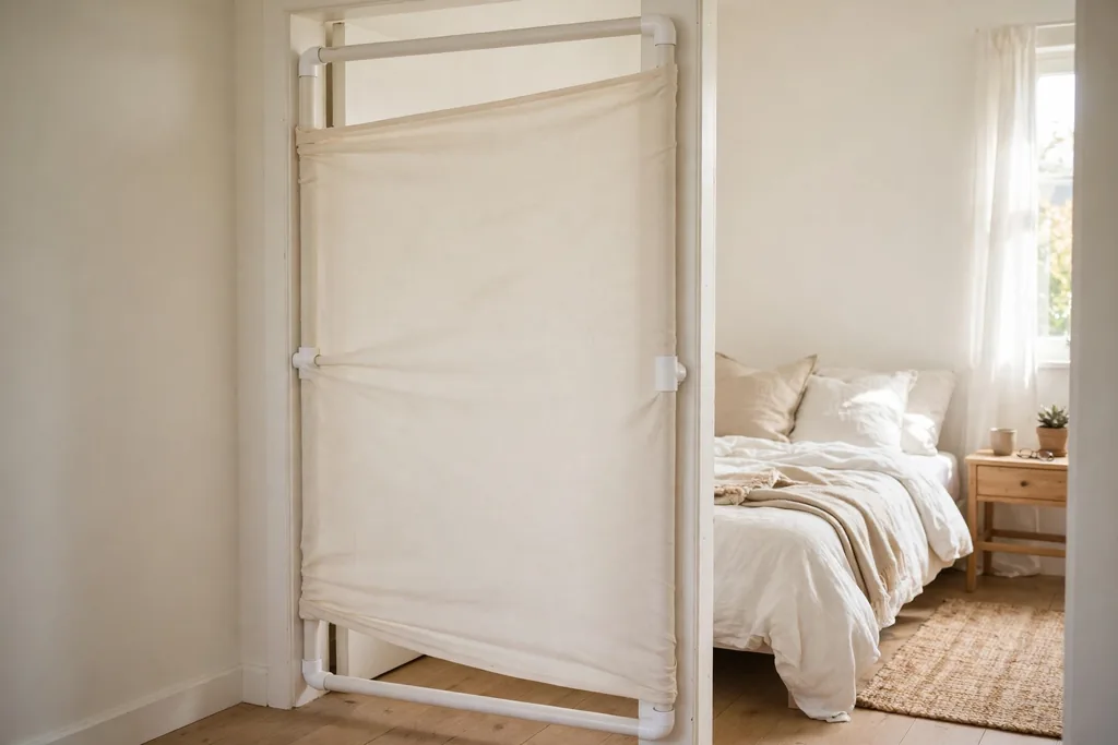 Light pipe frame wedged into a doorway with cream fabric stretched across it.