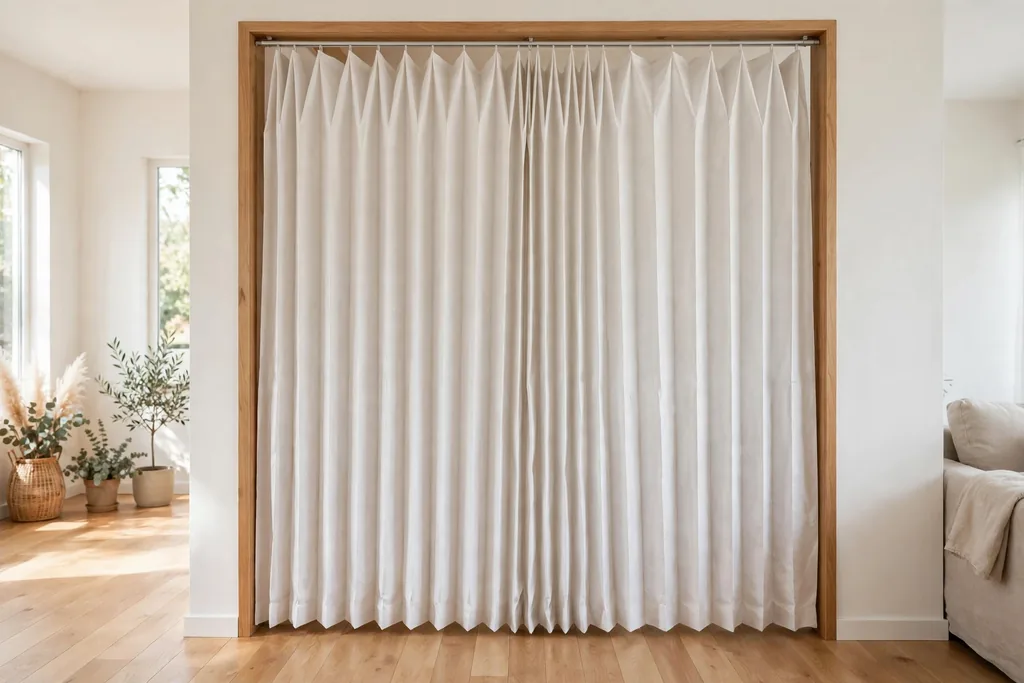 Doorway covered by a pleated paper accordion panel in soft white.