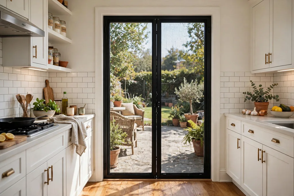 Doorway fitted with a black magnetic mesh screen door closing in the middle.