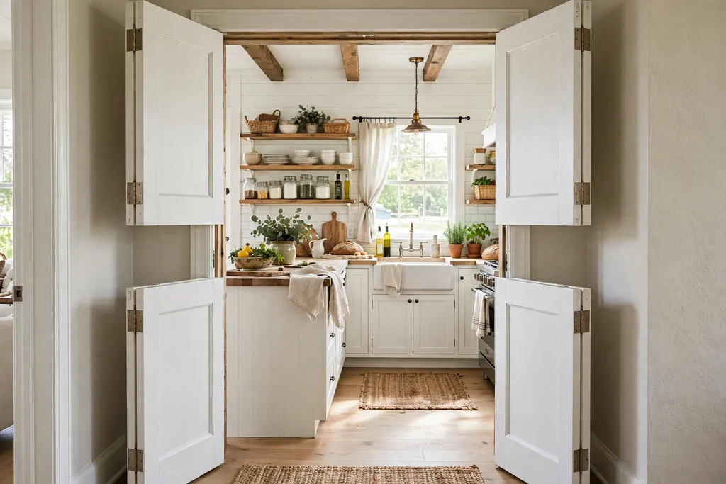 Doorway fitted with white cafe style half doors that swing in the middle.