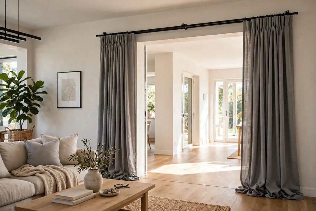 Wide doorway with sliding grey fabric panels hanging from a ceiling track.